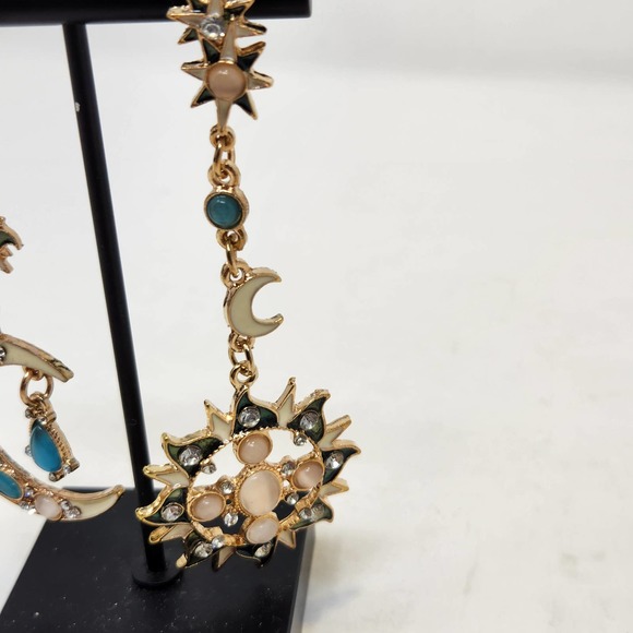 Crescent Moon Sun Dangle Post Earrings Gold Tone Cream Green Enamel Rhinestones - Picture 3 of 5